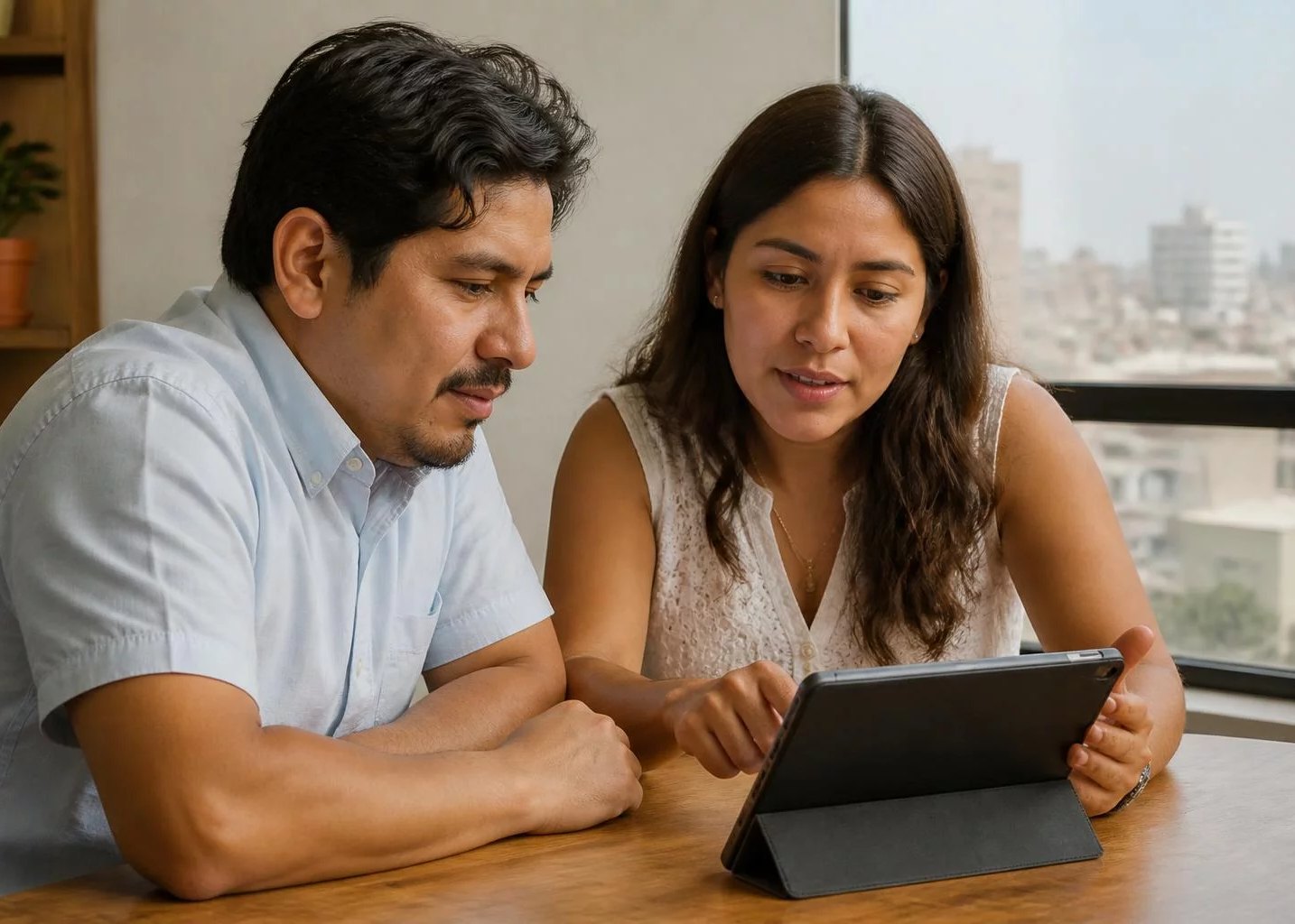 Dos personas revisando notas en una tablet sobre la mesa