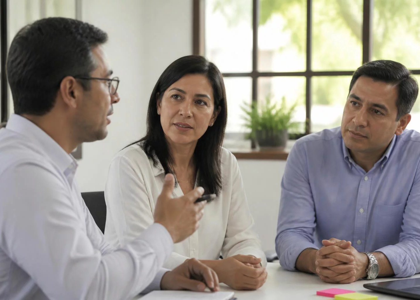 Sala de reuniones iluminada, con tres personas y una de pie explicando