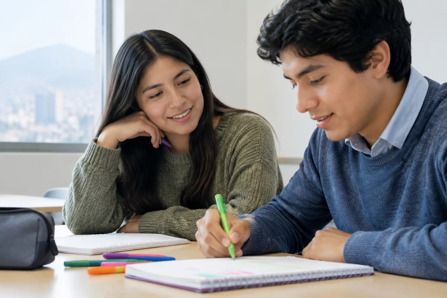 Dos participantes trabajando juntos con cuaderno y plumones