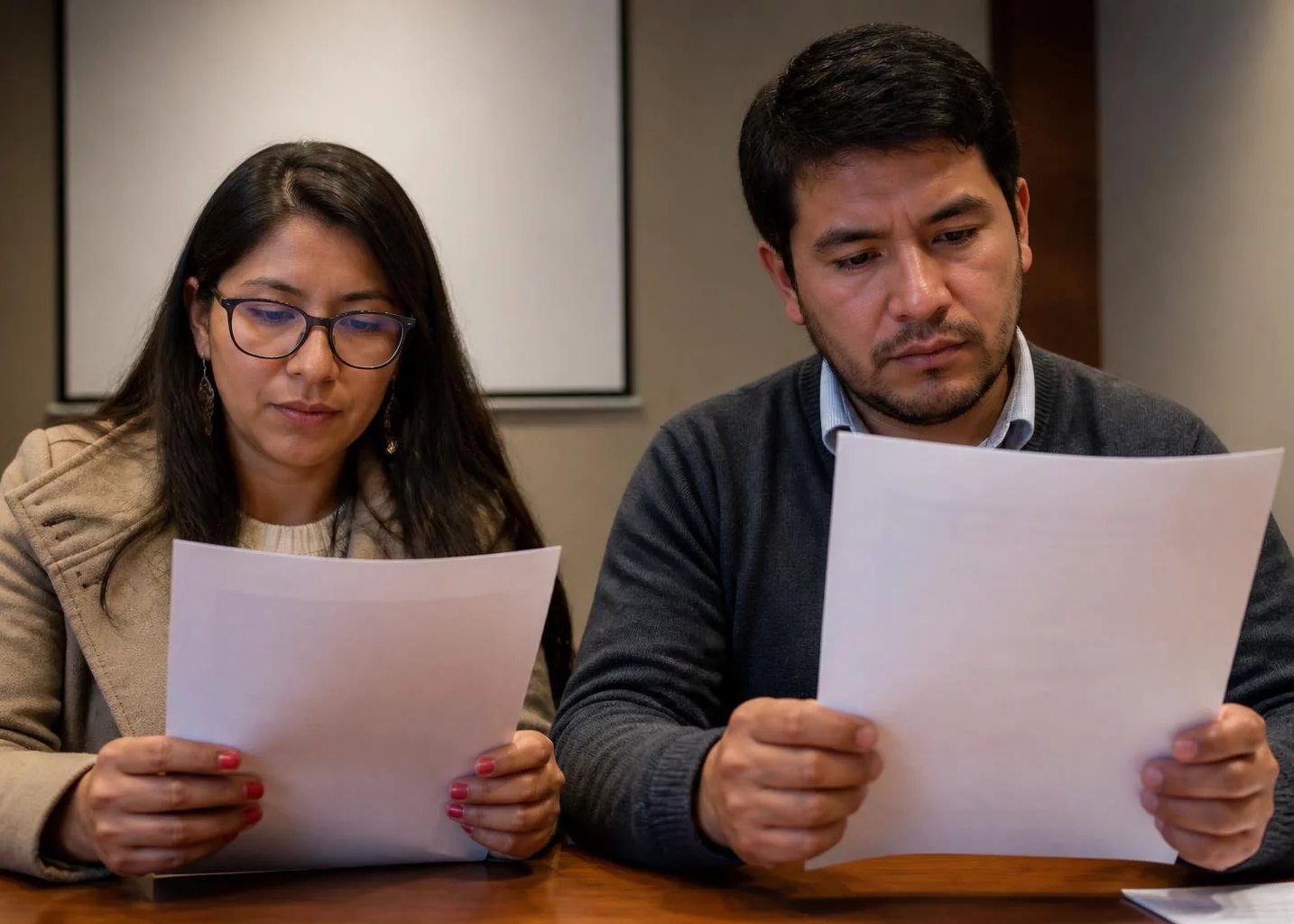 Dos participantes con hojas de argumento en la mano